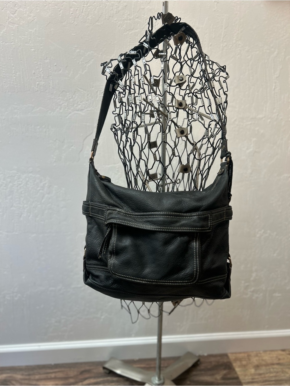 Fossil Black Leather Slouchy Hobo‎ Shoulder Bag Contrast Stitch Purse